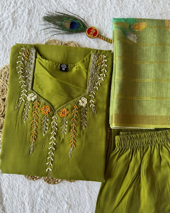 Green - Premium Green Mul Chanderi Kurti Pant Set | Hand Work & Linen Jacquard Dupatta - Rosepetals Luxe