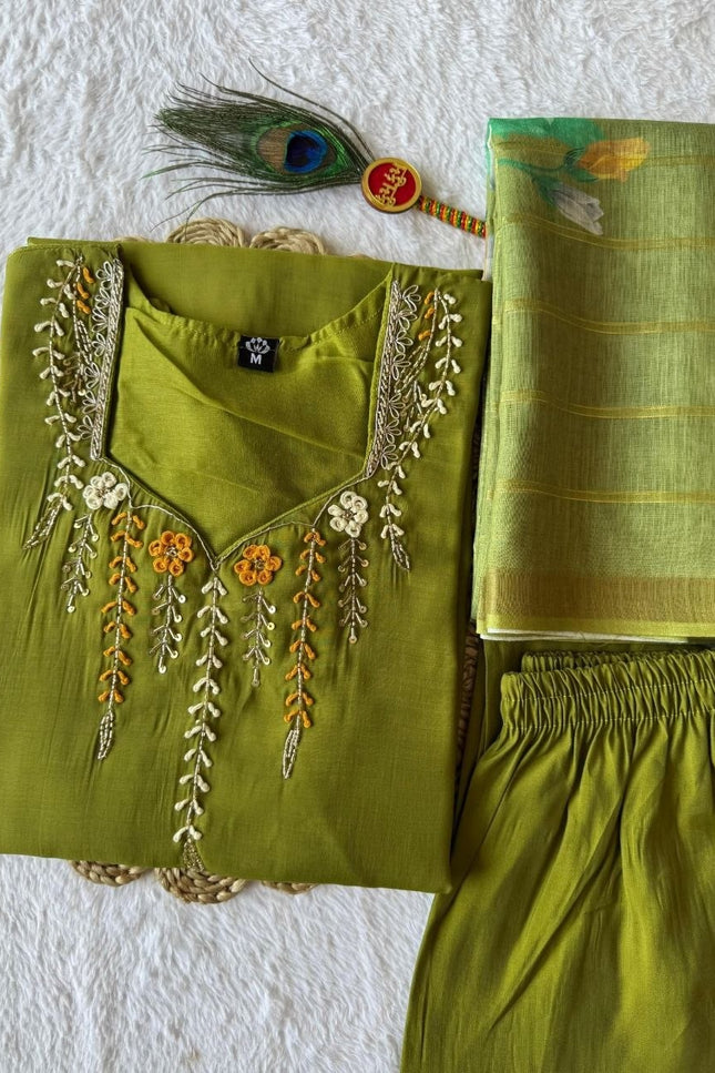 Green - Premium Green Mul Chanderi Kurti Pant Set | Hand Work & Linen Jacquard Dupatta - Rosepetals Luxe