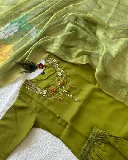 Green - Premium Green Mul Chanderi Kurti Pant Set | Hand Work & Linen Jacquard Dupatta - Rosepetals Luxe