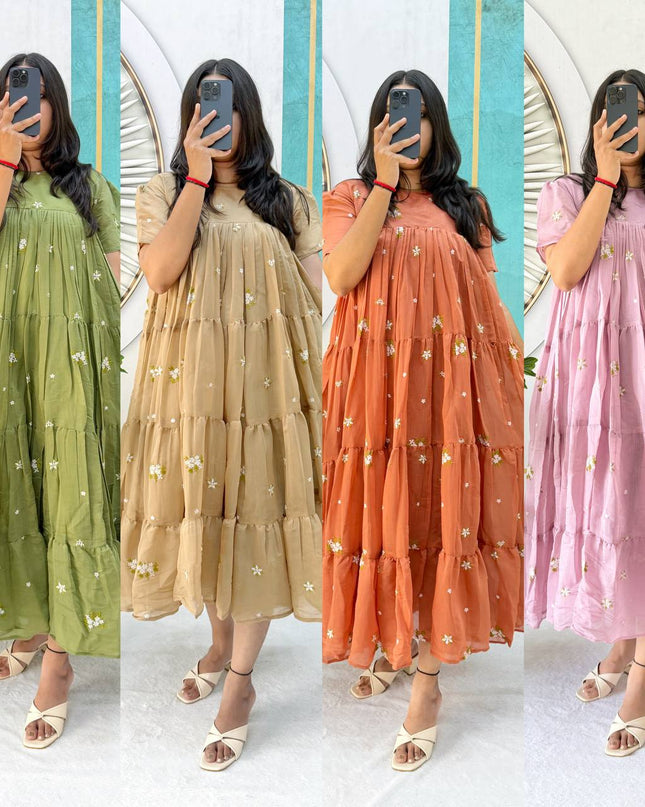 Floral Mull Cotton Chanderi Embroidered Summer Midi Gown - Rosepetals Luxe