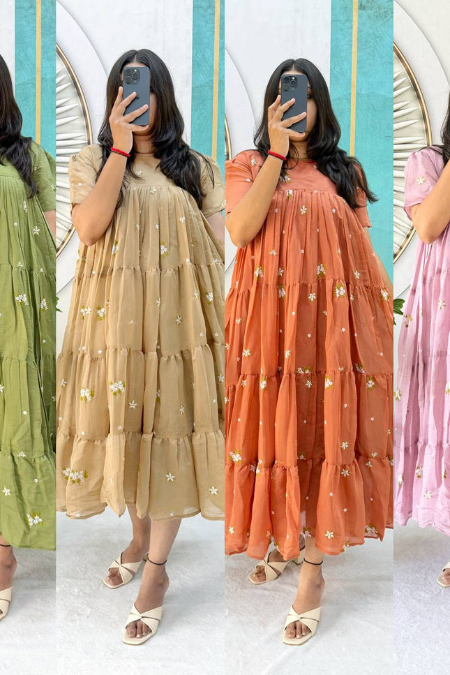 Floral Mull Cotton Chanderi Embroidered Summer Midi Gown - Rosepetals Luxe
