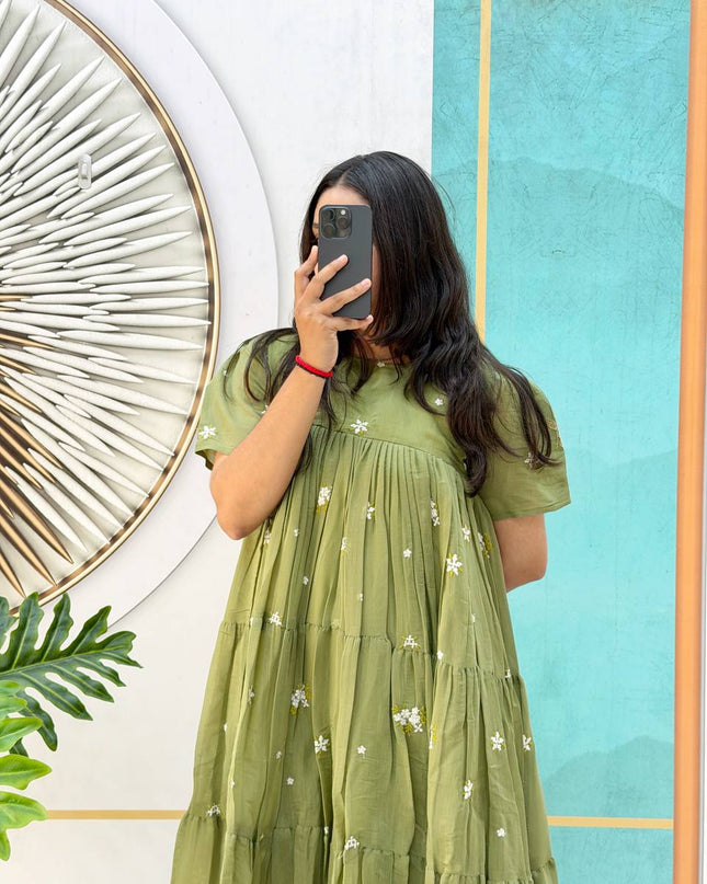 Pista - Floral Mull Cotton Chanderi Embroidered Summer Midi Gown - Rosepetals Luxe