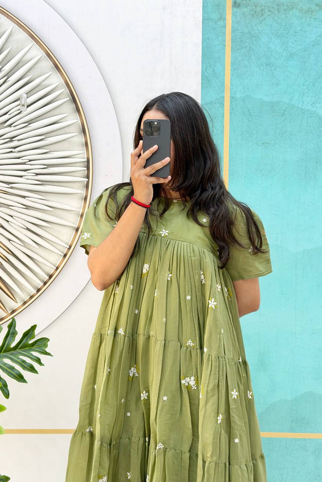 Pista - Floral Mull Cotton Chanderi Embroidered Summer Midi Gown - Rosepetals Luxe
