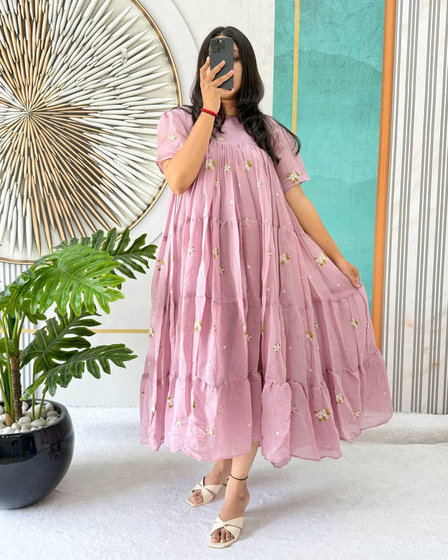 Model Front View - Floral Mull Cotton Chanderi Embroidered Summer Midi Gown - Rosepetals Luxe