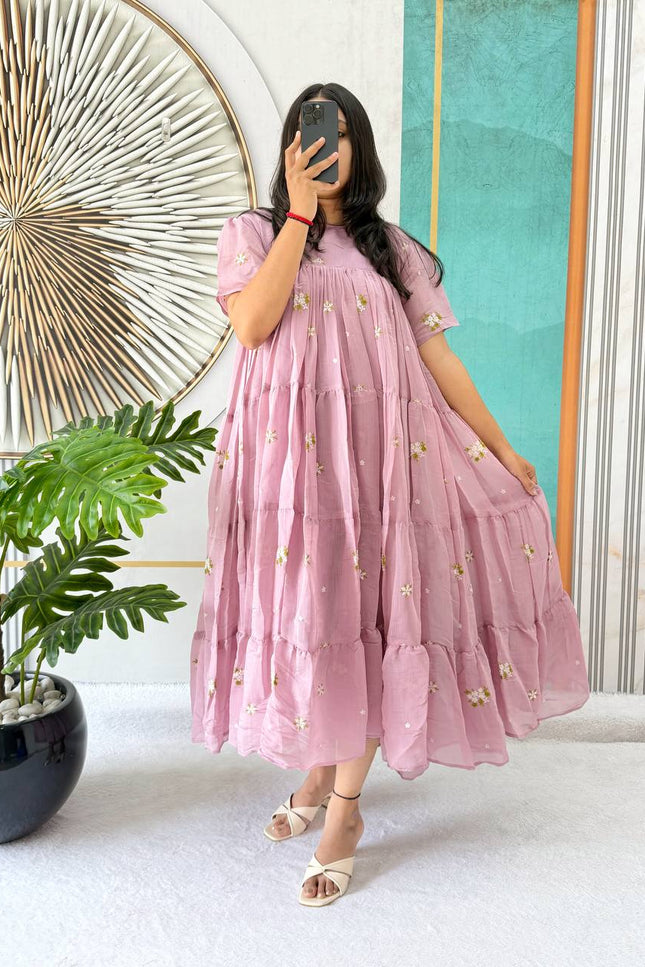 Model Front View - Floral Mull Cotton Chanderi Embroidered Summer Midi Gown - Rosepetals Luxe