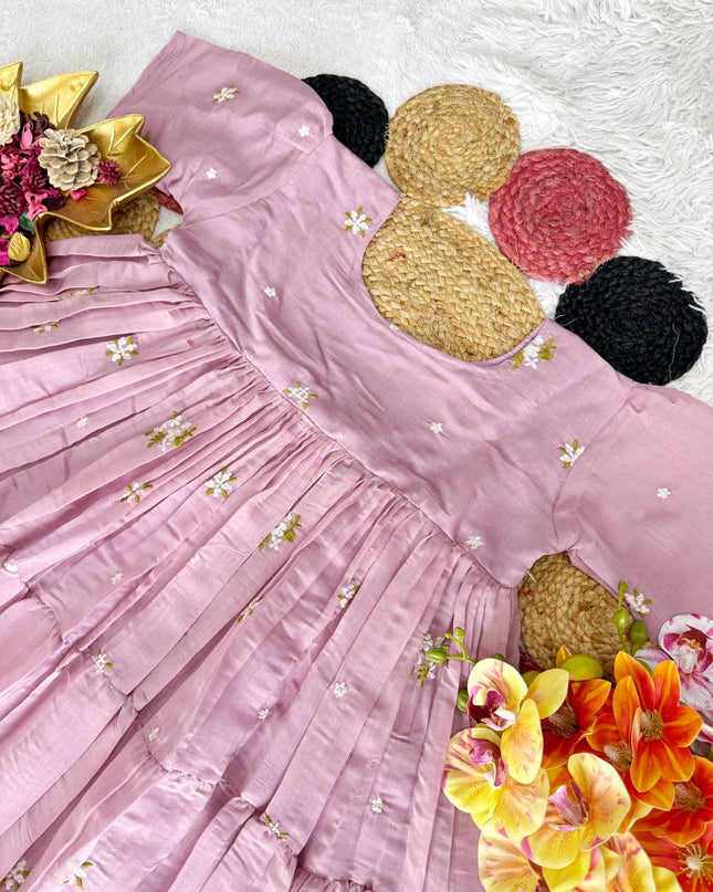 Lavender - Floral Mull Cotton Chanderi Embroidered Summer Midi Gown - Rosepetals Luxe