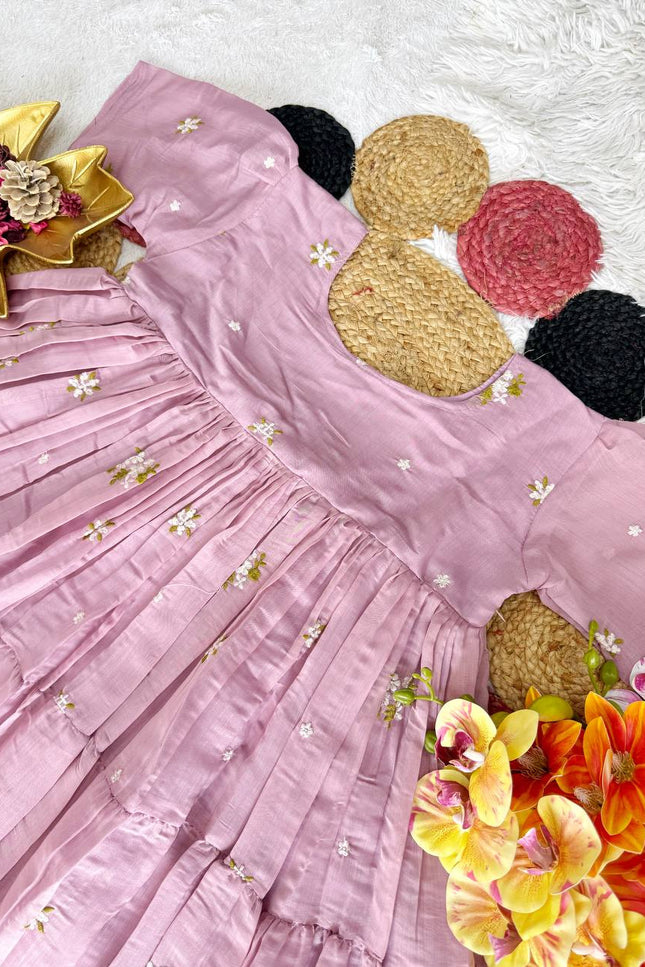 Lavender - Floral Mull Cotton Chanderi Embroidered Summer Midi Gown - Rosepetals Luxe