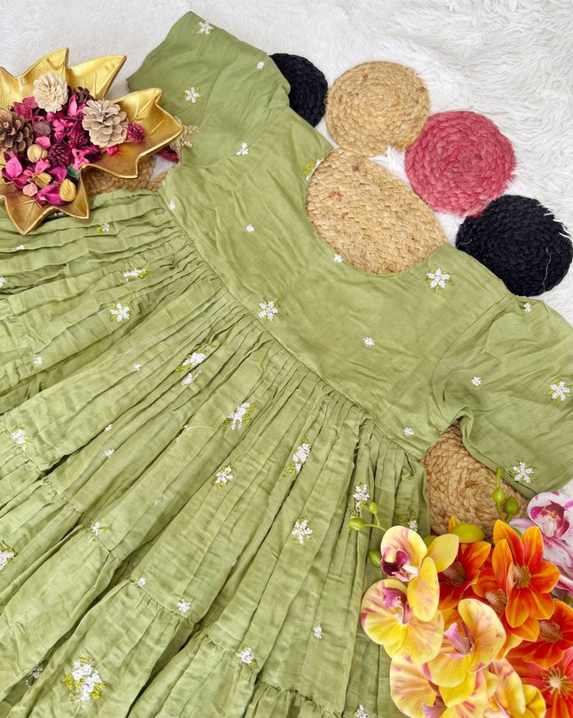 Pista - Floral Mull Cotton Chanderi Embroidered Summer Midi Gown - Rosepetals Luxe