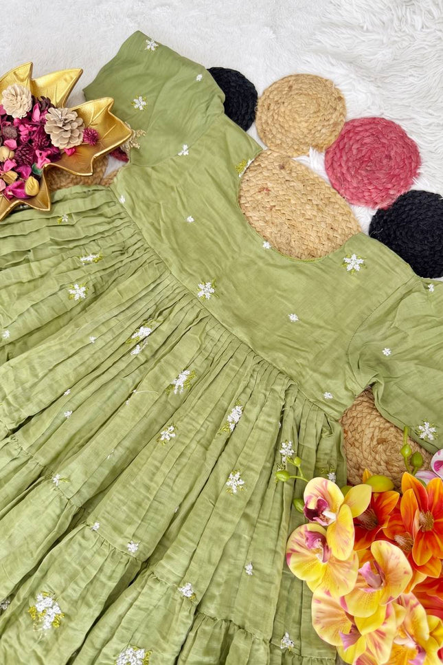 Pista - Floral Mull Cotton Chanderi Embroidered Summer Midi Gown - Rosepetals Luxe