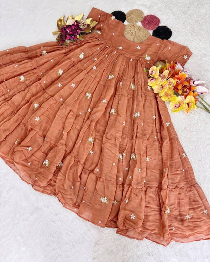 Peach - Floral Mull Cotton Chanderi Embroidered Summer Midi Gown - Rosepetals Luxe
