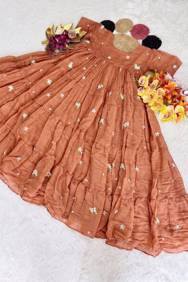 Peach - Floral Mull Cotton Chanderi Embroidered Summer Midi Gown - Rosepetals Luxe