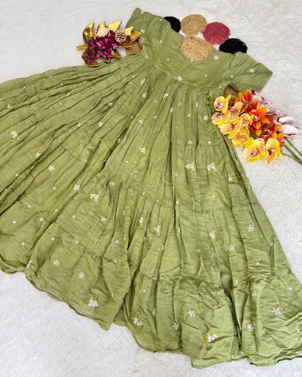 Pista - Floral Mull Cotton Chanderi Embroidered Summer Midi Gown - Rosepetals Luxe