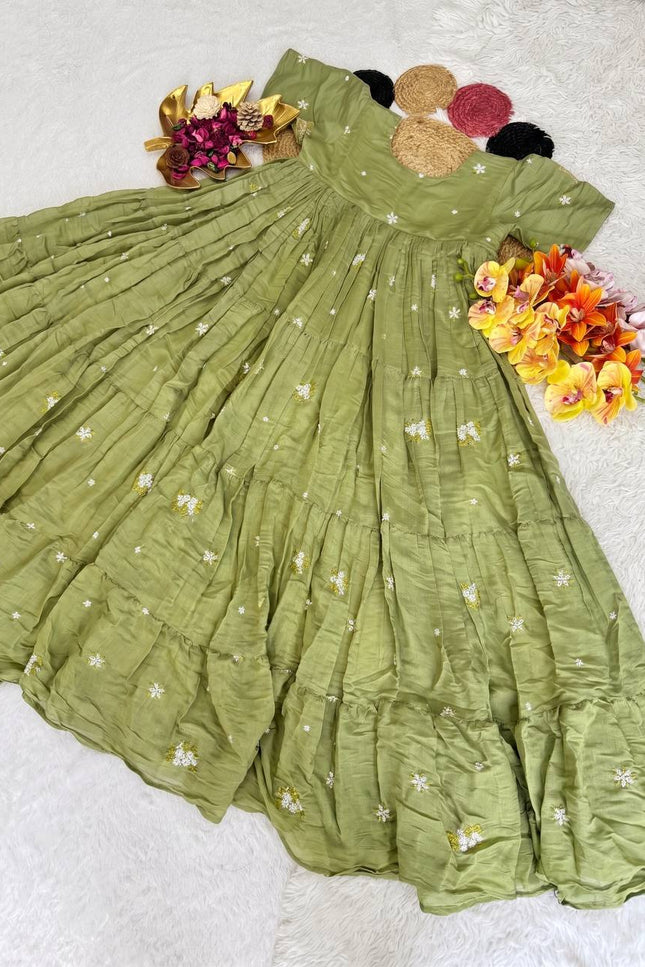 Pista - Floral Mull Cotton Chanderi Embroidered Summer Midi Gown - Rosepetals Luxe