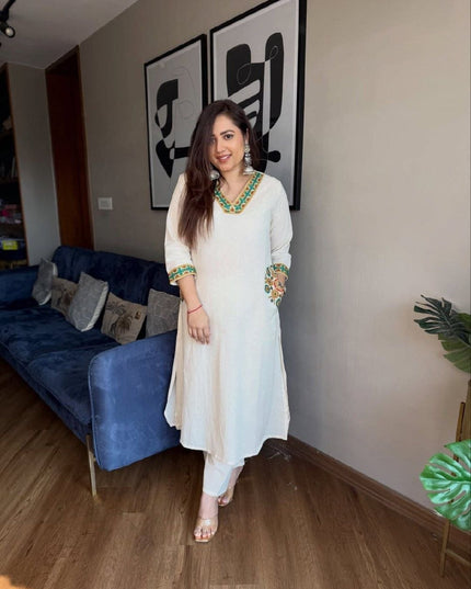Heavy Embroidery Pure Cotton A-Line Kurti & Pant Set | Fully Lined & Both Side Pockets - Rosepetals Luxe