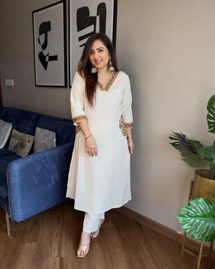 Heavy Embroidery Pure Cotton A-Line Kurti & Pant Set | Fully Lined & Both Side Pockets - Rosepetals Luxe