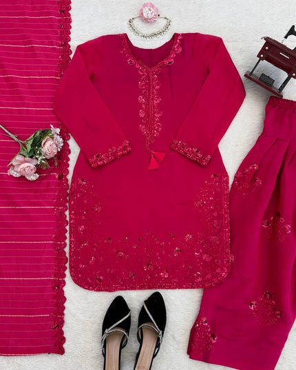 Mul Chanderi Farshi Plazo Set | Thread & Sequence Embroidery | 3-Piece Ethnic Suit