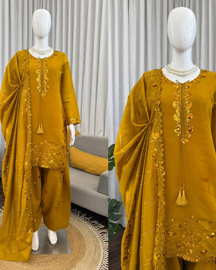 Mul Chanderi Farshi Plazo Set | Thread & Sequence Embroidery | 3-Piece Ethnic Suit
