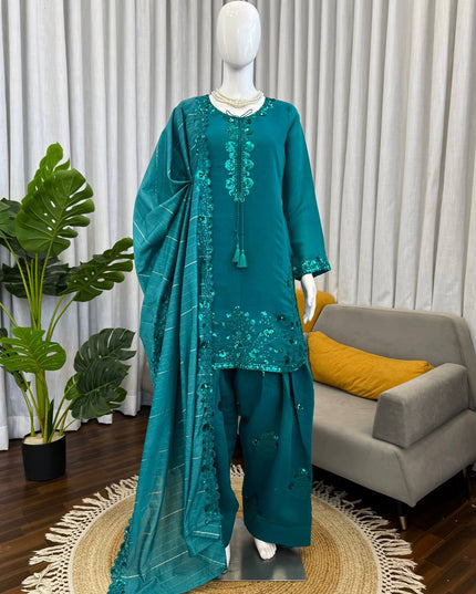 Mul Chanderi Farshi Plazo Set | Thread & Sequence Embroidery | 3-Piece Ethnic Suit