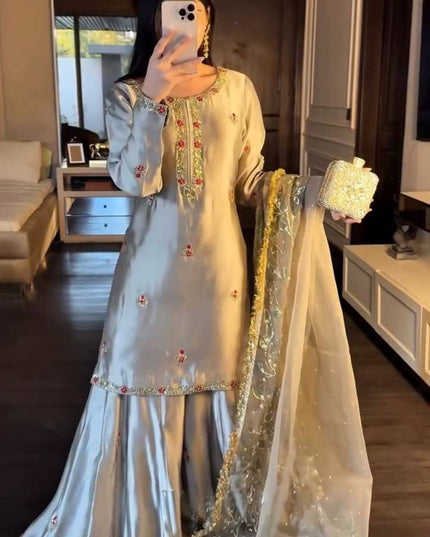 Premium Zapan Satin Silk Plazo Set | Elegant Ethnic Wear - Rosepetals Luxe