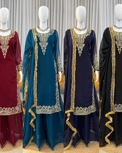 Faux Georgette Palazo Set | Elegant Festive & Ethnic Wear | Thread & Sequence Work - Rosepetals Luxe