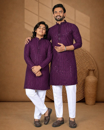 Long Rayon Kurta with Chikankari Sequence Work | Dad & Son Matching Festive Ethnic Combo - Rosepetals Luxe