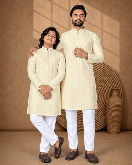 Long Rayon Kurta with Chikankari Sequence Work | Dad & Son Matching Festive Ethnic Combo - Rosepetals Luxe