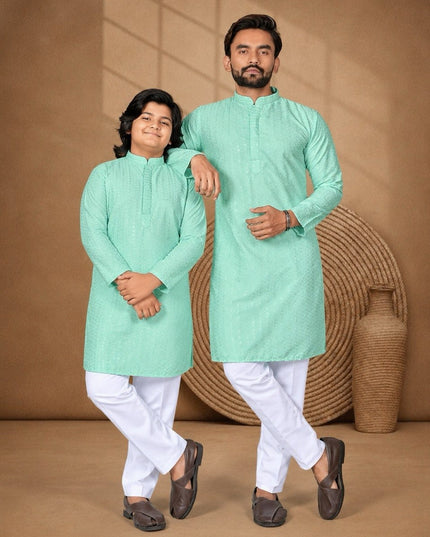 Long Rayon Kurta with Chikankari Sequence Work | Dad & Son Matching Festive Ethnic Combo - Rosepetals Luxe