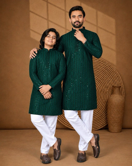 Long Rayon Kurta with Chikankari Sequence Work | Dad & Son Matching Festive Ethnic Combo - Rosepetals Luxe