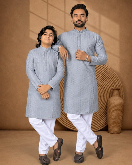Long Rayon Kurta with Chikankari Sequence Work | Dad & Son Matching Festive Ethnic Combo - Rosepetals Luxe