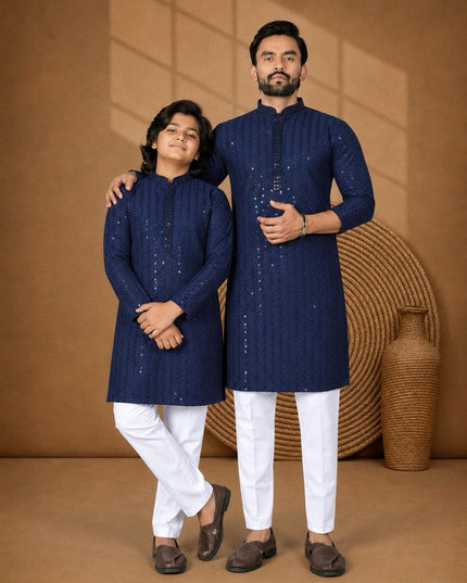 Long Rayon Kurta with Chikankari Sequence Work | Dad & Son Matching Festive Ethnic Combo - Rosepetals Luxe
