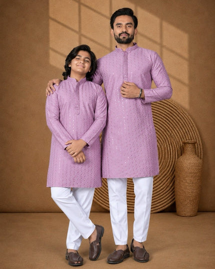 Long Rayon Kurta with Chikankari Sequence Work | Dad & Son Matching Festive Ethnic Combo - Rosepetals Luxe