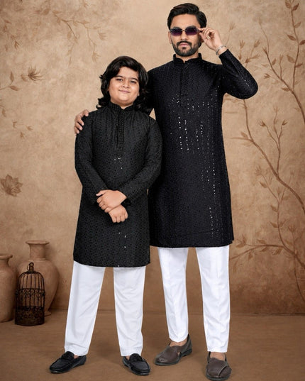 Long Rayon Kurta with Chikankari Sequence Work | Dad & Son Matching Festive Ethnic Combo - Rosepetals Luxe