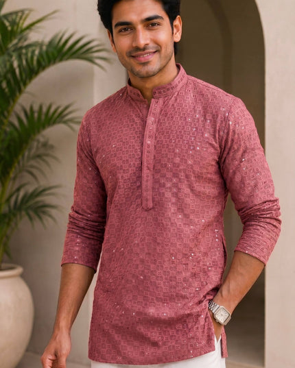 Men's Stylish Chikankari Short Kurta | Premium Rayon Fabric With Side Pockets - Rosepetals Luxe