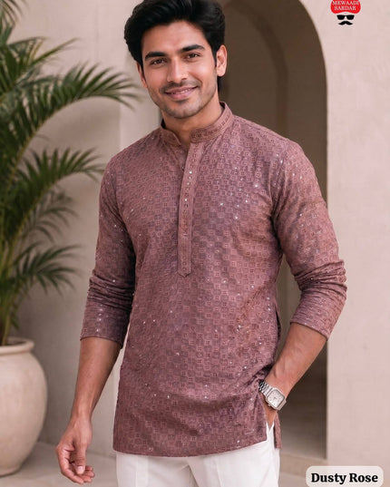 Men's Stylish Chikankari Short Kurta | Premium Rayon Fabric With Side Pockets - Rosepetals Luxe