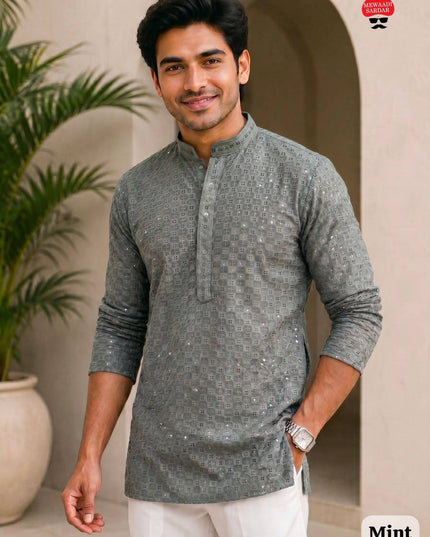 Men's Stylish Chikankari Short Kurta | Premium Rayon Fabric With Side Pockets - Rosepetals Luxe