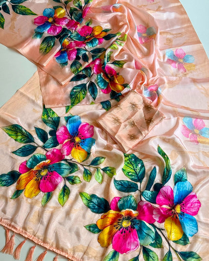 Chinon Peach Saree with Aari Work and Premium Floral Digital Print