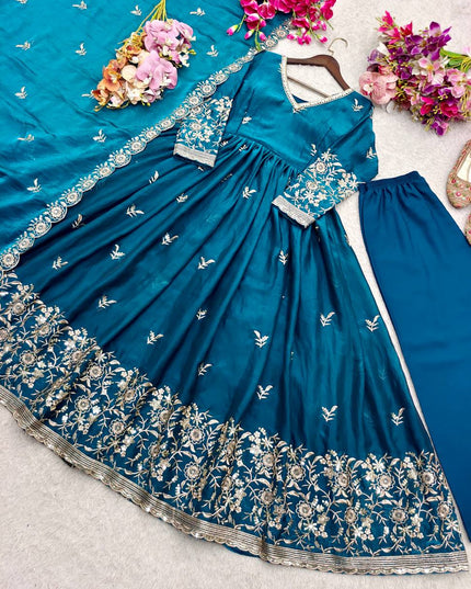Trending Designer Fancy Satin Silk Gown with Pant and Dupatta Set