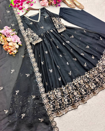 Trending Designer Fancy Satin Silk Gown with Pant and Dupatta Set