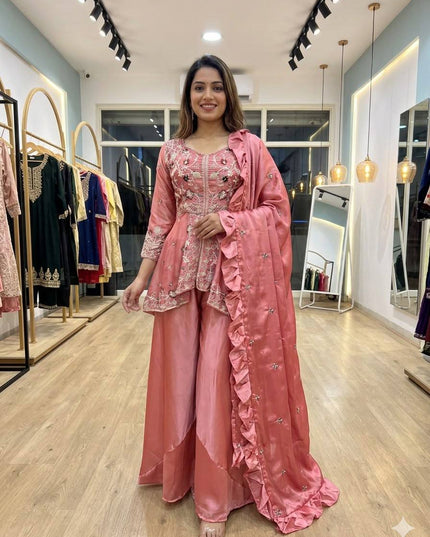 3-Piece Rangoli Silk Sharara Suit Set | Perfect For Festive Ethnic Wear - Rosepetals Luxe