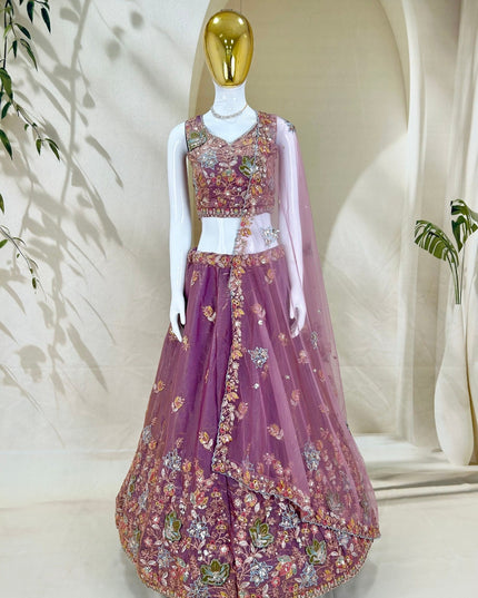 Semi-Stitched Fandy Lehenga Choli | Zari Badla Sequence Embroidery & Net Dupatta - Rosepetals Luxe