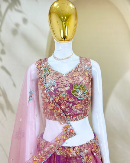 Semi-Stitched Fandy Lehenga Choli | Zari Badla Sequence Embroidery & Net Dupatta - Rosepetals Luxe