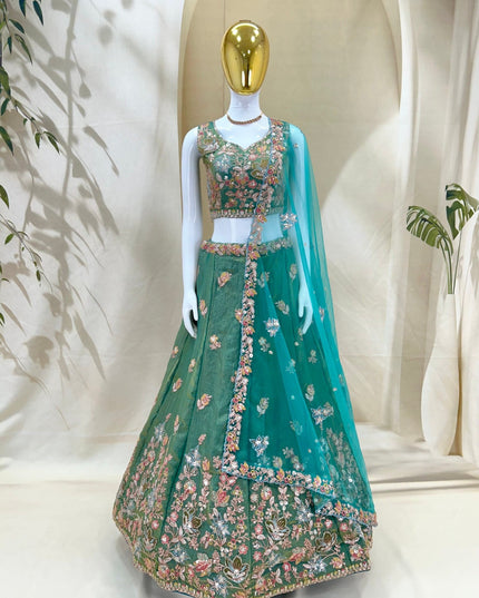 Semi-Stitched Fandy Lehenga Choli | Zari Badla Sequence Embroidery & Net Dupatta - Rosepetals Luxe