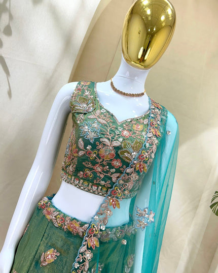 Semi-Stitched Fandy Lehenga Choli | Zari Badla Sequence Embroidery & Net Dupatta - Rosepetals Luxe