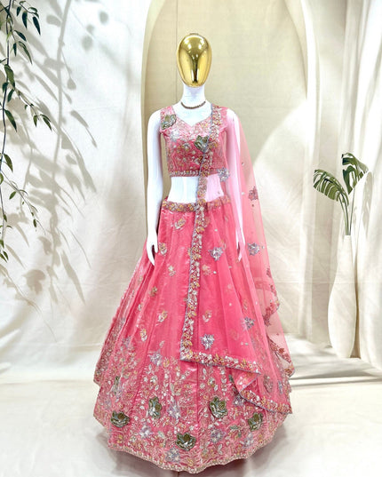 Semi-Stitched Fandy Lehenga Choli | Zari Badla Sequence Embroidery & Net Dupatta - Rosepetals Luxe