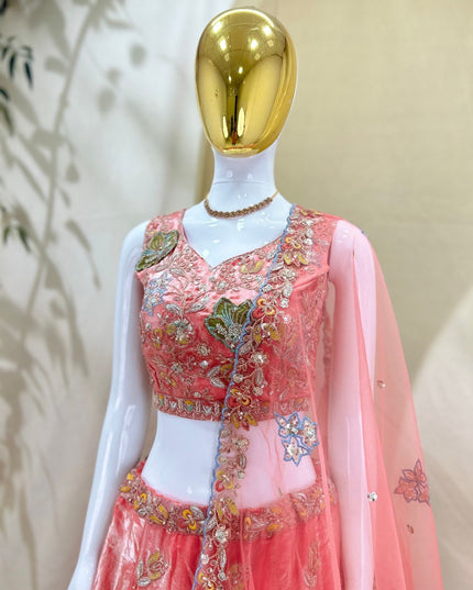 Semi-Stitched Fandy Lehenga Choli | Zari Badla Sequence Embroidery & Net Dupatta - Rosepetals Luxe