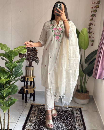 Khadi Cotton Embroidery Kurti Pant Dupatta Set | White (3-Piece Set)
