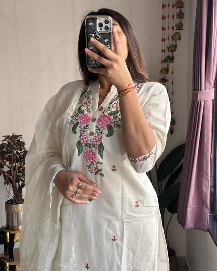 Khadi Cotton Embroidery Kurti Pant Dupatta Set | White (3-Piece Set)