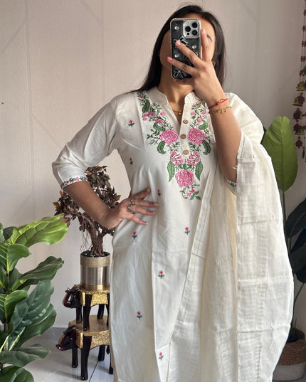 Khadi Cotton Embroidery Kurti Pant Dupatta Set | White (3-Piece Set)