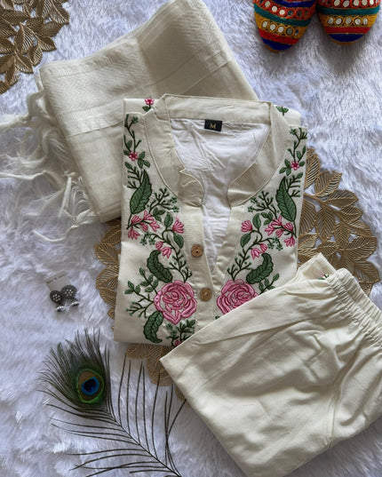Khadi Cotton Embroidery Kurti Pant Dupatta Set | White (3-Piece Set)
