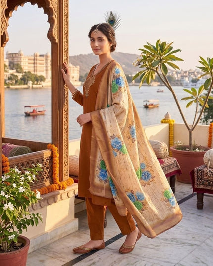 Mul Chanderi Hand Work Kurti with Roman Silk Bottom and Lichi Silk Jacquard Dupatta